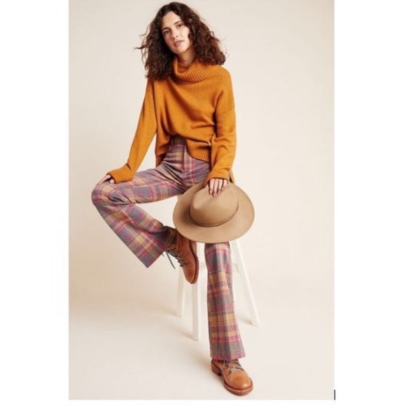 Anthropologie Essential Pink Check Plaid Flare Trousers US 2 - Picture 5 of 10